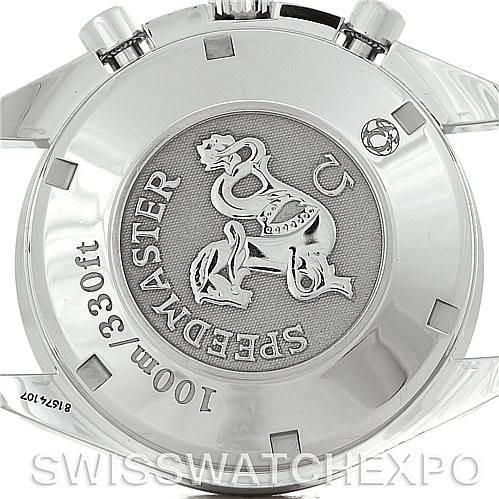 The image shows the back case of an Omega Speedmaster 3211.30.00 Men
s Stainless Steel Silver Dial 3211.30.00 Men
s Stainless Steel Silver Dial watch, highlighting the embossed logo and depth rating.