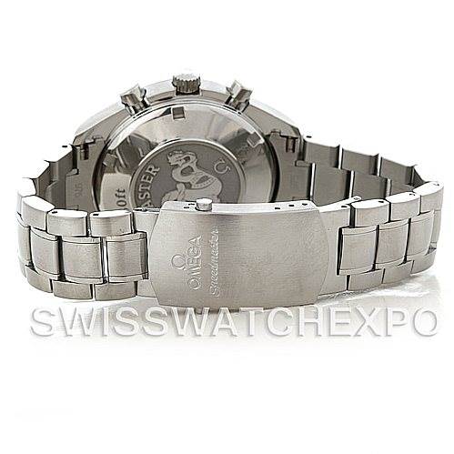 The image shows the Omega Speedmaster 3211.30.00 Men
s Stainless Steel Silver Dial 3211.30.00 Men
s Stainless Steel Silver Dial watch from the back, focusing on the bracelet and case back.