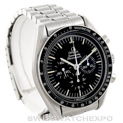 The image shows an Omega Speedmaster Men
s Stainless Steel Black Dial Men
s Stainless Steel Black Dial watch at a front diagonal angle, highlighting its face, bezel, and stainless steel bracelet.