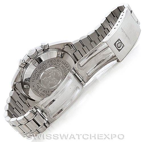 The image shows the back and bracelet of an Omega Speedmaster Men
s Stainless Steel Black Dial Men
s Stainless Steel Black Dial watch.