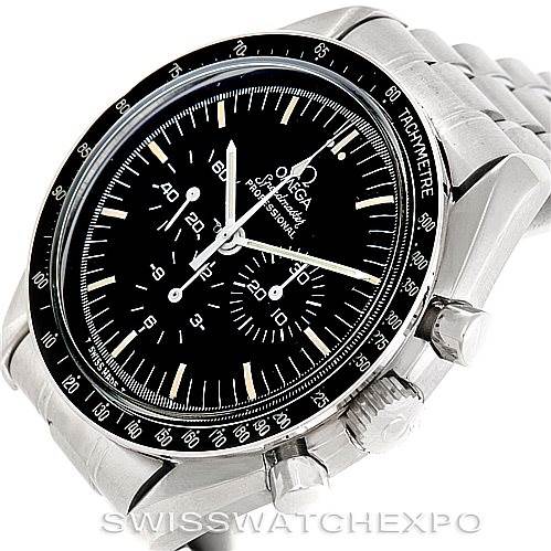 The image shows a side-angle view of an Omega Speedmaster Men
s Stainless Steel Black Dial Men
s Stainless Steel Black Dial watch, highlighting its black dial, bezel, and stainless steel bracelet.