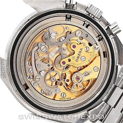 This image shows the mechanical movement and intricate inner workings of an Omega Speedmaster Men
s Stainless Steel Black Dial Men
s Stainless Steel Black Dial watch from the rear case angle.