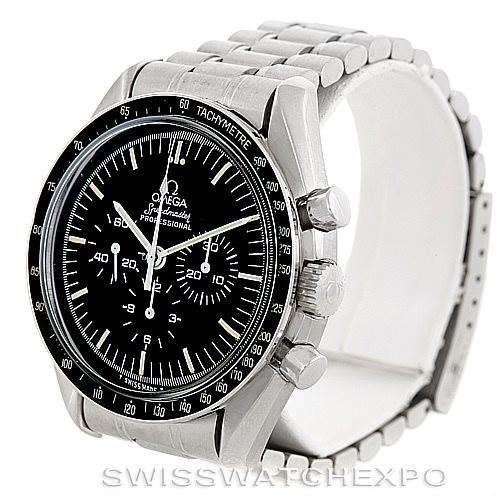 The Omega Speedmaster Men
s Stainless Steel Black Dial Men
s Stainless Steel Black Dial watch is shown at a three-quarter angle, displaying the face, bezel, case, and bracelet.