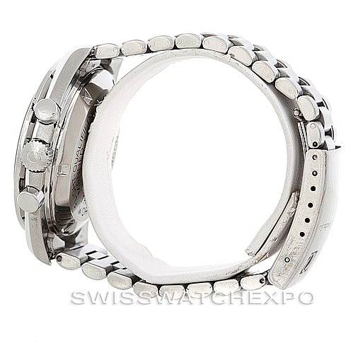 The image shows the Omega Speedmaster Men
s Stainless Steel Black Dial Men
s Stainless Steel Black Dial watch from a side angle, highlighting the metal bracelet and clasp.