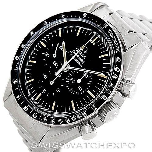 The image shows an Omega Speedmaster Men
s Stainless Steel Black Dial Men
s Stainless Steel Black Dial watch at an angle highlighting the face, bezel, crown, pushers, and part of the metal bracelet.