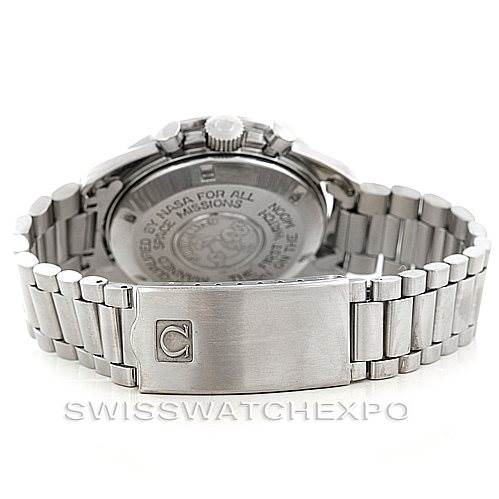 The image shows the Omega Speedmaster Men
s Stainless Steel Black Dial Men
s Stainless Steel Black Dial model from the back, highlighting the clasp and case back.