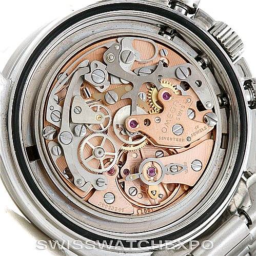 This image shows the intricate internal mechanics of the Omega Speedmaster Men
s Stainless Steel Black Dial Men
s Stainless Steel Black Dial watch, viewed from the back case.