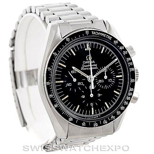 The image shows an Omega Speedmaster Men
s Stainless Steel Black Dial Men
s Stainless Steel Black Dial watch at a slight angled view, highlighting the face, tachymeter bezel, and metal bracelet.