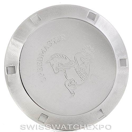 The image shows the case back of an Omega Speedmaster Men
s Stainless Steel Black Dial Men
s Stainless Steel Black Dial watch, featuring its emblem and the brand name.