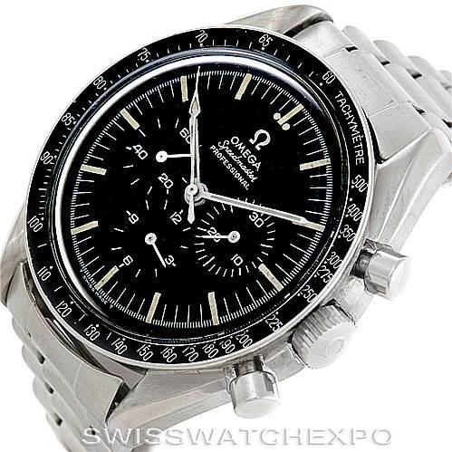 The image shows an Omega Speedmaster Men
s Stainless Steel Black Dial Men
s Stainless Steel Black Dial watch at an angled view, highlighting its bezel, dial, buttons, and bracelet.