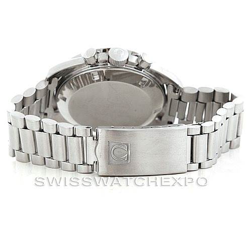 The image shows the back and clasp of an Omega Speedmaster Men
s Stainless Steel Black Dial Men
s Stainless Steel Black Dial watch with a stainless steel bracelet.