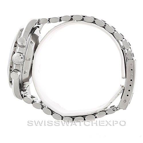 This image shows a side view of an Omega Speedmaster Men
s Stainless Steel Black Dial Men
s Stainless Steel Black Dial watch, highlighting the case, crown, pushers, and metal bracelet.