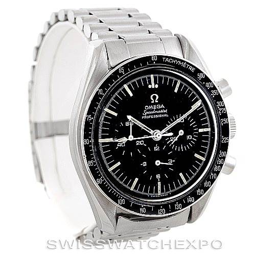 The image shows an Omega Speedmaster Men
s Stainless Steel Black Dial Men
s Stainless Steel Black Dial watch at an angled side view, displaying the bracelet, bezel, and face with chronograph dials.