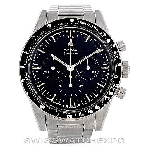 The image shows a front view of an Omega Speedmaster 105.003-65 Men
s Stainless Steel Black Dial 105.003-65 Men
s Stainless Steel Black Dial watch, featuring its dial, bezel, push buttons, and stainless steel bracelet.