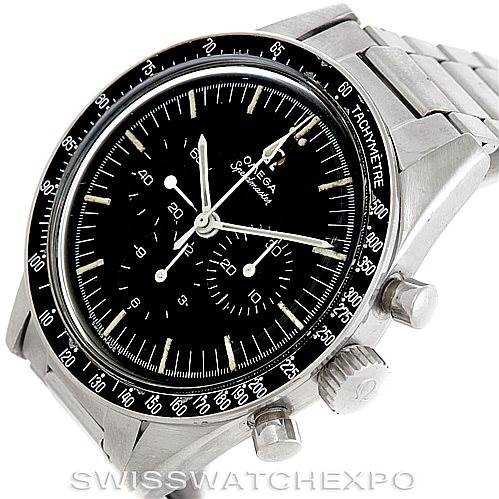 This image shows an Omega Speedmaster 105.003-65 Men
s Stainless Steel Black Dial 105.003-65 Men
s Stainless Steel Black Dial watch at an oblique angle, highlighting the dial, bezel, crown, and pushers.