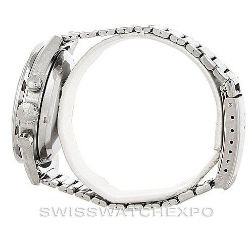 This image shows the Omega Speedmaster 105.003-65 Men
s Stainless Steel Black Dial 105.003-65 Men
s Stainless Steel Black Dial watch from a side angle, highlighting the case, crown, pushers, and stainless steel bracelet.