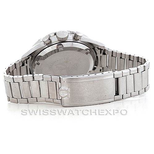 The image shows the back view of an Omega Speedmaster 105.003-65 Men
s Stainless Steel Black Dial 105.003-65 Men
s Stainless Steel Black Dial watch, focusing on the case back and bracelet clasp.