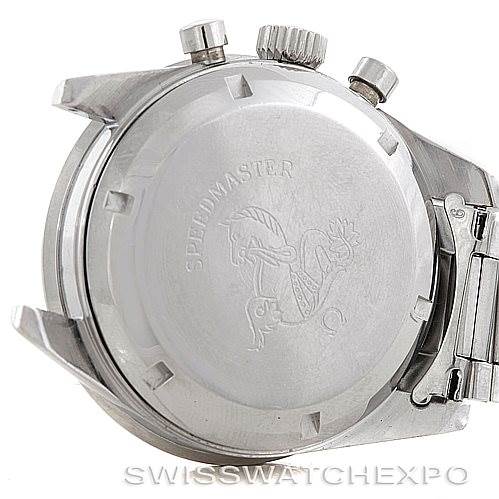 This image shows the backside and crown of an Omega Speedmaster 105.003-65 Men
s Stainless Steel Black Dial 105.003-65 Men
s Stainless Steel Black Dial watch, featuring the engraved case back.