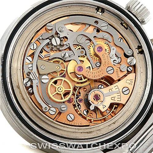 This image shows the intricate movement and inner mechanics of an Omega Speedmaster 105.003-65 Men
s Stainless Steel Black Dial 105.003-65 Men
s Stainless Steel Black Dial watch, viewed from the back case.