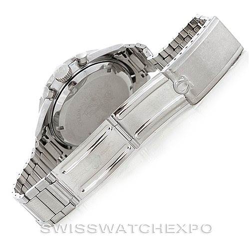 This image shows the Omega Speedmaster 105.003-65 Men
s Stainless Steel Black Dial 105.003-65 Men
s Stainless Steel Black Dial watch at an angle focusing on its case back and stainless steel bracelet.