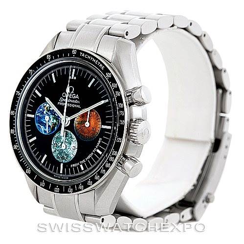 The image shows an Omega Speedmaster 3577.50.00 Men
s Stainless Steel Black Dial 3577.50.00 Men
s Stainless Steel Black Dial watch angled to display the face, bezel, and side pushers, along with a partial view of the bracelet.