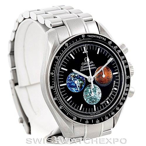 This image shows the Omega Speedmaster 3577.50.00 Men
s Stainless Steel Black Dial 3577.50.00 Men
s Stainless Steel Black Dial watch at a three-quarter angle, highlighting the face, bezel, and stainless steel bracelet.