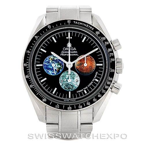 The image shows a front view of an Omega Speedmaster 3577.50.00 Men
s Stainless Steel Black Dial 3577.50.00 Men
s Stainless Steel Black Dial watch, showcasing its face, bezel, and bracelet.