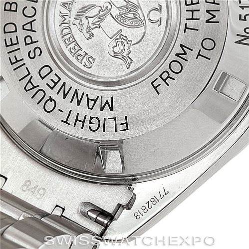 This image shows a close-up of the case back of an Omega Speedmaster 3577.50.00 Men
s Stainless Steel Black Dial 3577.50.00 Men
s Stainless Steel Black Dial watch, highlighting the engravings and part of the bracelet.