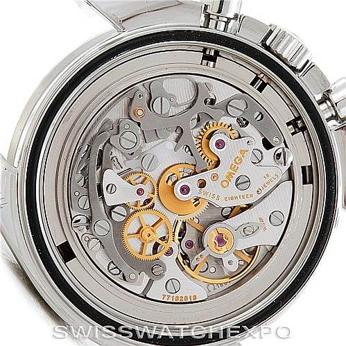 This image shows the intricate movement mechanism and inner workings of an Omega Speedmaster 3577.50.00 Men
s Stainless Steel Black Dial 3577.50.00 Men
s Stainless Steel Black Dial watch from the back view.