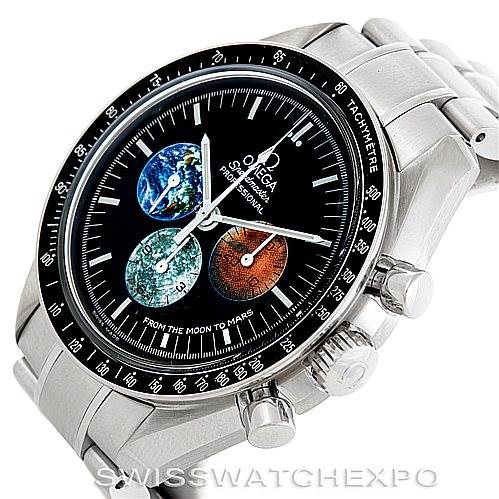 This image shows the Omega Speedmaster 3577.50.00 Men
s Stainless Steel Black Dial 3577.50.00 Men
s Stainless Steel Black Dial watch at an angle highlighting its dial, bezel, pushers, and bracelet.