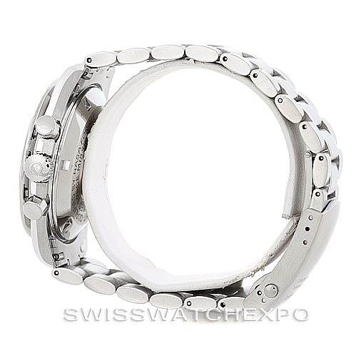 The image shows a side view of an Omega Speedmaster 3577.50.00 Men
s Stainless Steel Black Dial 3577.50.00 Men
s Stainless Steel Black Dial watch, highlighting the metallic bracelet and side profile of the watch case.