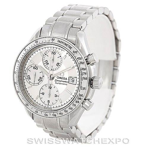 The Omega Speedmaster 3513.30.00 Men
s Stainless Steel Silver Dial 3513.30.00 Men
s Stainless Steel Silver Dial watch is shown from an angled front view, highlighting its silver bracelet, sub-dials, and tachymeter scale.