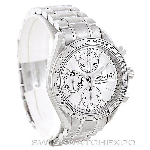 The image shows an angled front view of an Omega Speedmaster 3513.30.00 Men
s Stainless Steel Silver Dial 3513.30.00 Men
s Stainless Steel Silver Dial watch, highlighting the dial, bezel, pushers, and metal bracelet.