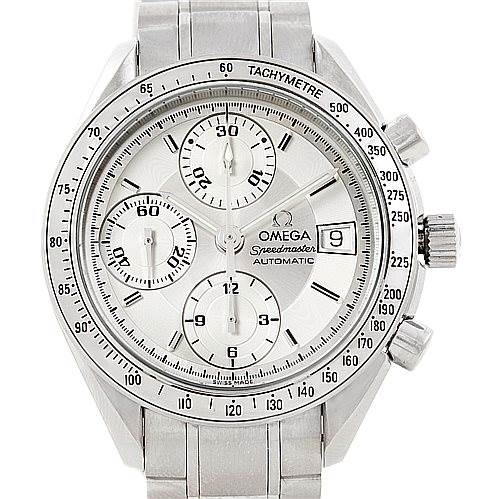 This image shows a front view of the Omega Speedmaster 3513.30.00 Men
s Stainless Steel Silver Dial 3513.30.00 Men
s Stainless Steel Silver Dial watch, highlighting its dial, bezel, and chronograph subdials.