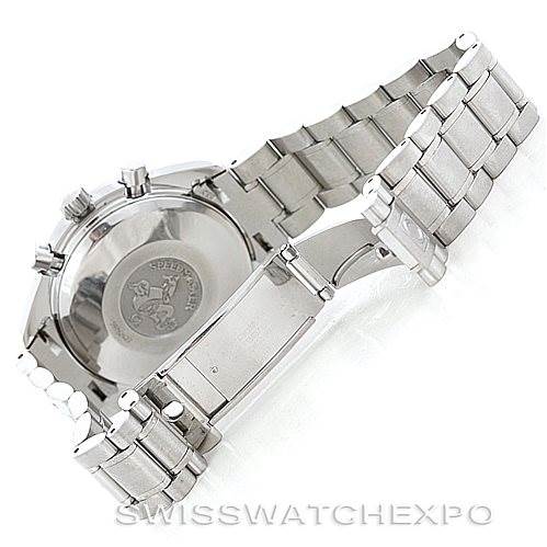 The image shows the back and bracelet of an Omega Speedmaster 3513.30.00 Men
s Stainless Steel Silver Dial 3513.30.00 Men
s Stainless Steel Silver Dial watch, including the engraved case back and clasp.