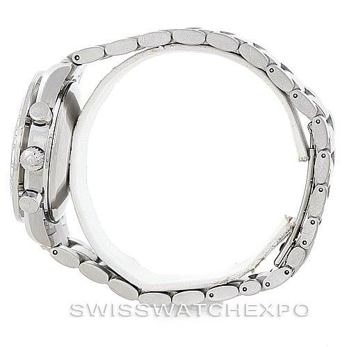 This image shows the side profile of the Omega Speedmaster 3513.30.00 Men
s Stainless Steel Silver Dial 3513.30.00 Men
s Stainless Steel Silver Dial, highlighting its metal bracelet and case crown.