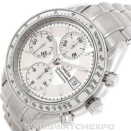 The image shows a close-up of an Omega Speedmaster 3513.30.00 Men
s Stainless Steel Silver Dial 3513.30.00 Men
s Stainless Steel Silver Dial watch, displaying its dial, tachymeter bezel, and chronograph buttons.