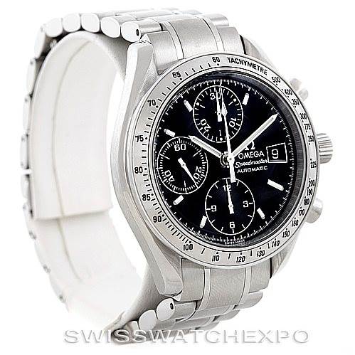 This image shows an Omega Speedmaster 3513.50.00 Men
s Stainless Steel Black Dial 3513.50.00 Men
s Stainless Steel Black Dial watch at a three-quarter angle, highlighting the dial, bezel, and part of the bracelet.
