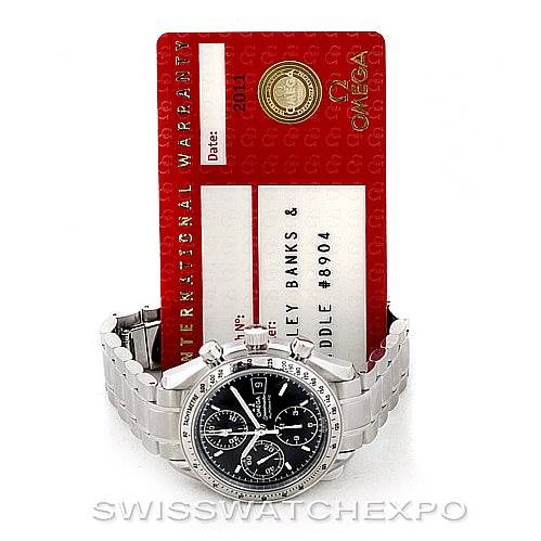 The image shows an Omega Speedmaster 3513.50.00 Men
s Stainless Steel Black Dial 3513.50.00 Men
s Stainless Steel Black Dial watch at a front angle, along with its international warranty card.