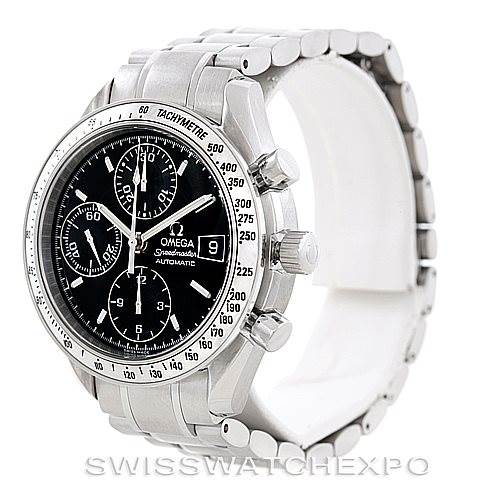 The Omega Speedmaster 3513.50.00 Men
s Stainless Steel Black Dial 3513.50.00 Men
s Stainless Steel Black Dial watch is shown at a three-quarter angle, highlighting the face, bezel, crown, pushers, and part of the bracelet.