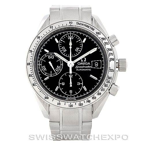 The image shows a front view of an Omega Speedmaster 3513.50.00 Men
s Stainless Steel Black Dial 3513.50.00 Men
s Stainless Steel Black Dial watch, highlighting the dial, chronograph subdials, tachymeter bezel, and date window.