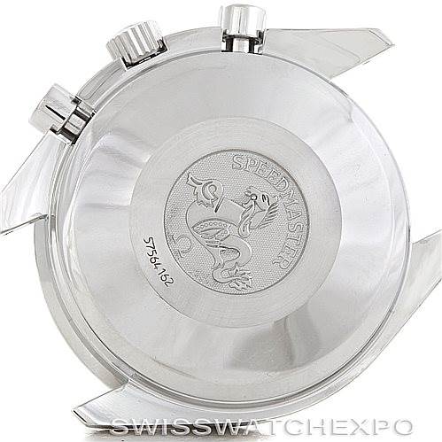 This image shows the back case and crown of an Omega Speedmaster 3513.50.00 Men
s Stainless Steel Black Dial 3513.50.00 Men
s Stainless Steel Black Dial watch, highlighting its engraved medallion and model number.