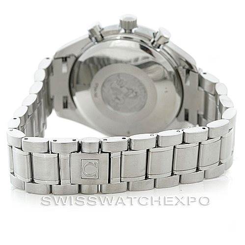 The image shows the back and bracelet of an Omega Speedmaster 3513.50.00 Men
s Stainless Steel Black Dial 3513.50.00 Men
s Stainless Steel Black Dial watch, highlighting the clasp and case back.