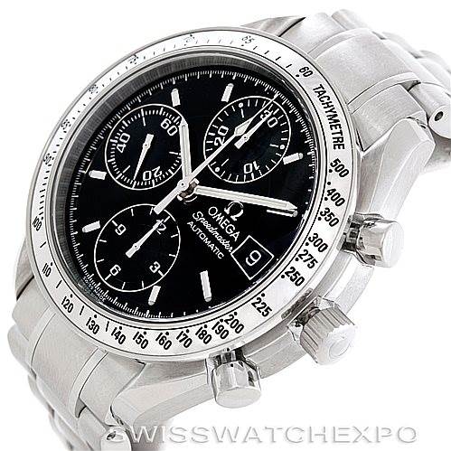 The image shows an angled view of the Omega Speedmaster 3513.50.00 Men
s Stainless Steel Black Dial 3513.50.00 Men
s Stainless Steel Black Dial watch, displaying the face, side buttons, and part of the bracelet.
