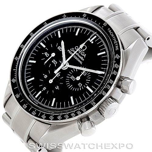The image shows the Omega Speedmaster 3570.50.00 Men's Stainless Steel Black Dial 3570.50.00 Men's Stainless Steel Black Dial watch at a three-quarter angle, highlighting its face, bezel, chronograph pushers, and stainless steel bracelet.
