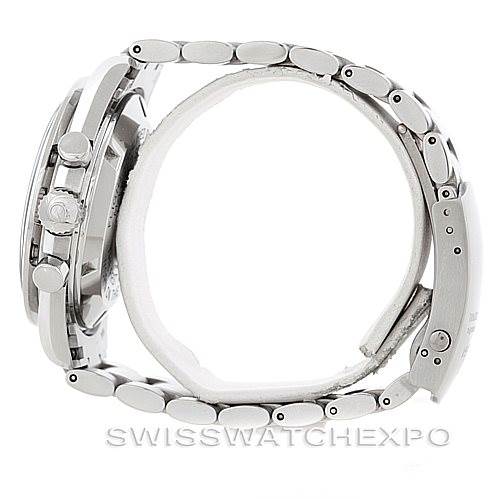 The image shows a side view of an Omega Speedmaster 3570.50.00 Men's Stainless Steel Black Dial 3570.50.00 Men's Stainless Steel Black Dial watch, highlighting its crown, pushers, and metal bracelet.