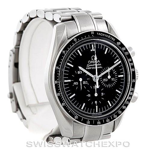 The image shows an Omega Speedmaster 3570.50.00 Men's Stainless Steel Black Dial 3570.50.00 Men's Stainless Steel Black Dial watch at a slight angle, revealing the dial, bezel, and stainless steel bracelet.