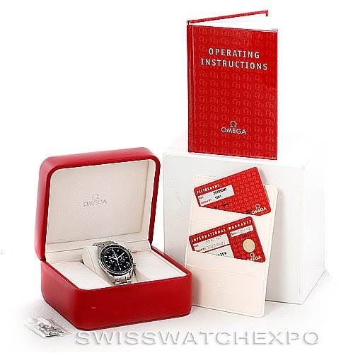 The image shows the Omega Speedmaster 3570.50.00 Men's Stainless Steel Black Dial 3570.50.00 Men's Stainless Steel Black Dial watch in a red box, alongside an instruction manual, warranty cards, and a white box.
