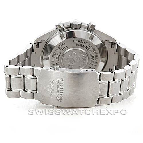 This image shows the back of the Omega Speedmaster 3570.50.00 Men's Stainless Steel Black Dial 3570.50.00 Men's Stainless Steel Black Dial watch, highlighting the bracelet, clasp, and case back with commemorative engraving.