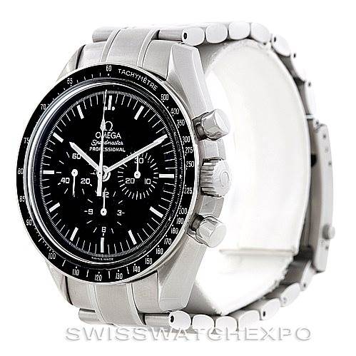 The image shows an angled view of an Omega Speedmaster 3570.50.00 Men's Stainless Steel Black Dial 3570.50.00 Men's Stainless Steel Black Dial watch, highlighting the bezel, dial, and pushers on the side.